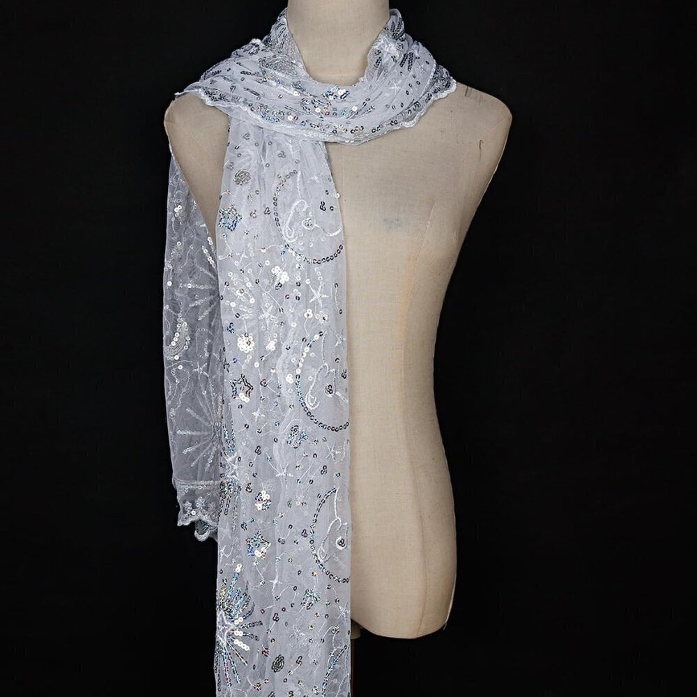Women's Silver Sequin Mesh Wrap Scarf Shawl Evening Party Wrap 80 Characters - Picture 7 of 9